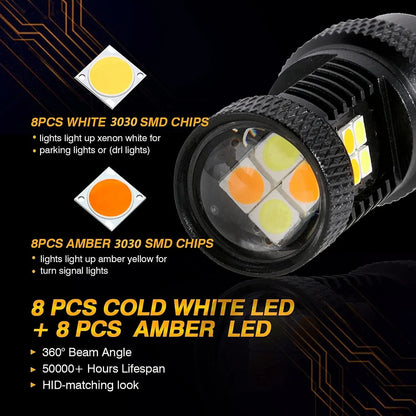 1157 BAY15D Ampoules LED pour clignotants avant et feux de jour 300% haute luminosité bicolore à commutation blanc & orange
