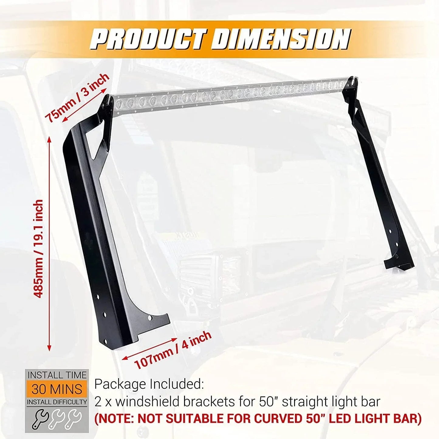 50" Straight Barres lumineuses Windshield Mounting Brackets pour 1997-2006 Jeep Wrangler TJ – vue 2