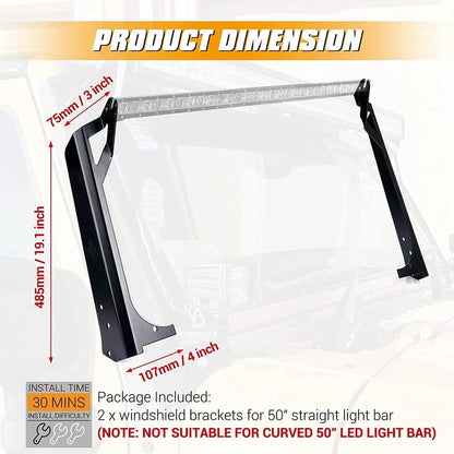 50″ droit Barres lumineuses pare-brise supports de montage pour 1997–2006 Jeep Wrangler TJ – vue 2 – NOVADOMIO