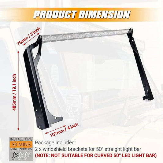 50″ droit Barres lumineuses pare-brise supports de montage pour 1997–2006 Jeep Wrangler TJ – vue 2 – NOVADOMIO