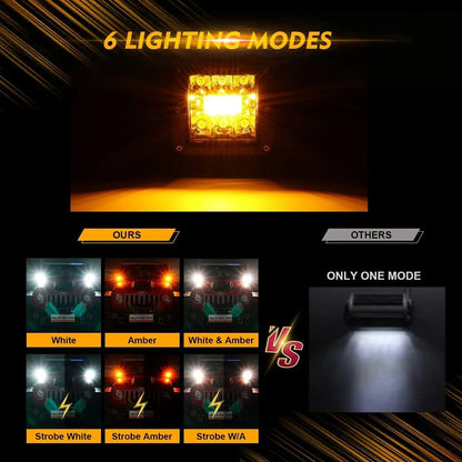 Lot de 2 3″ 6 modes blanc&orange LED carré éclairage Pod feux de travail avec faisceau électrique pour SUV ATV UTV camions