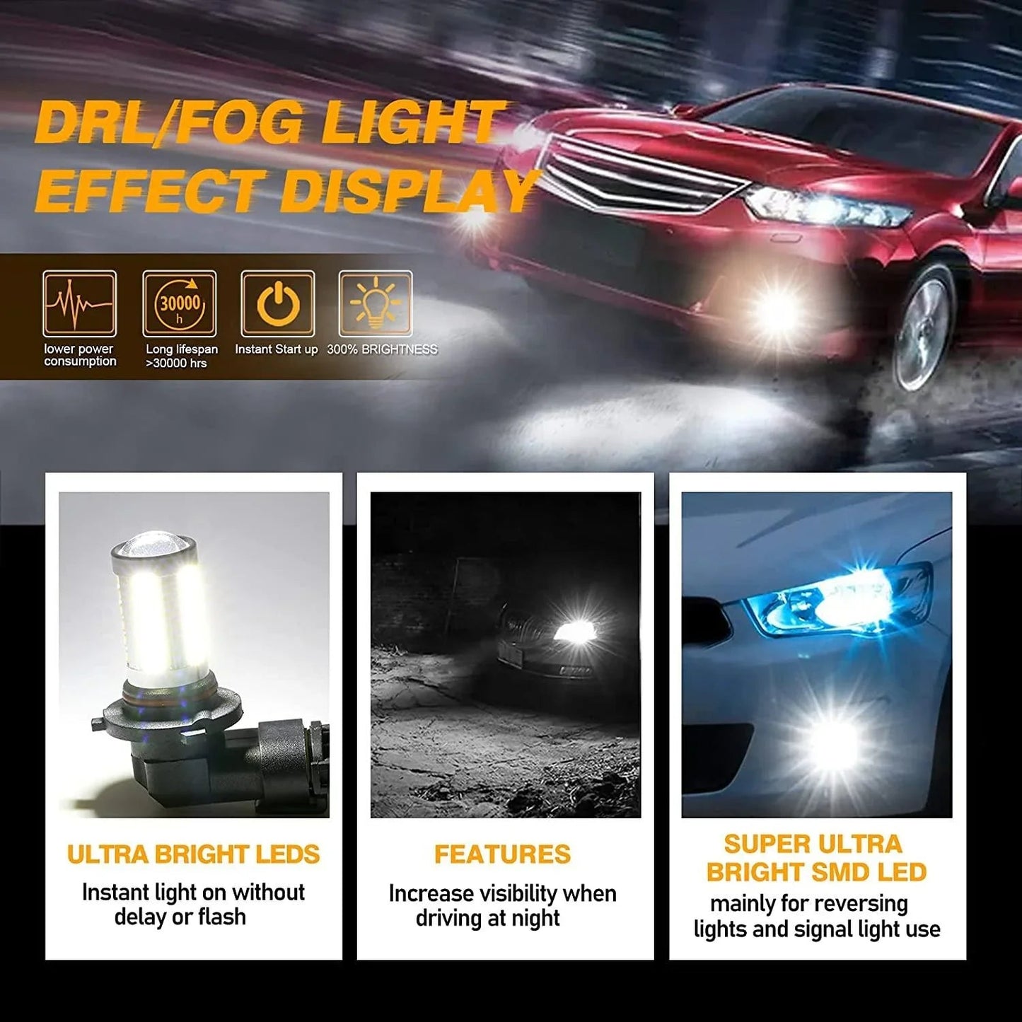 H10 9145 9140 HB3 LED Fog Light/DRL 50W 4000LM 6500K blanc 33LED série – 2 ampoules – vue 7