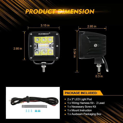 Lot de 2 3″ 6 modes blanc&orange LED carré éclairage Pod feux de travail avec faisceau électrique pour SUV ATV UTV camions