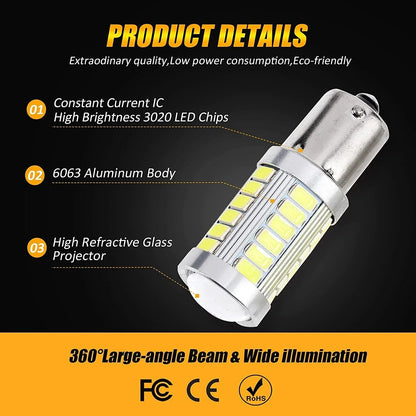 1156 P21W BA15S Ampoules LED pour clignotants avant/arrière et feux latéraux 20W 4000LM 3500K orange 33LED série – 2 ampoules