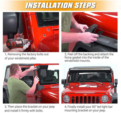 52″ droit Barres lumineuses pare-brise supports de montage pour 1997–2006 Jeep Wrangler TJ – vue 2 – NOVADOMIO