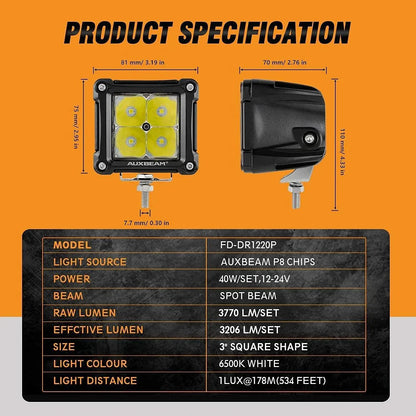 4 pièces 3″ SPOT projecteurs LED compacts & Dual montant A supports inférieurs sur charnière de pare-brise pour Jeep Wrangler