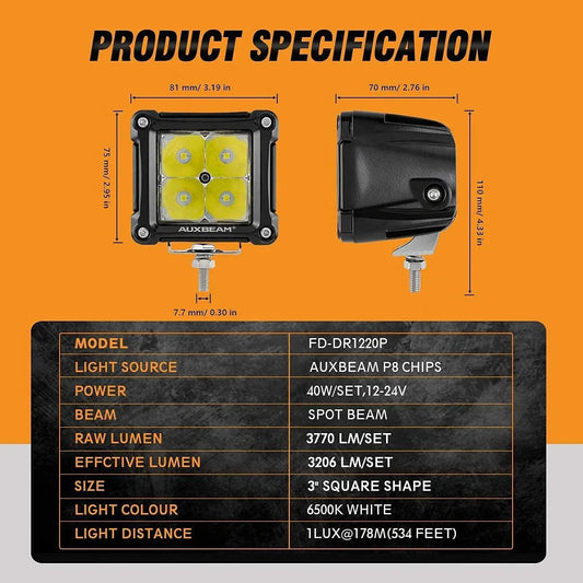 4 pièces 3″ SPOT projecteurs LED compacts & Dual montant A supports inférieurs sur charnière de pare-brise pour Jeep Wrangler