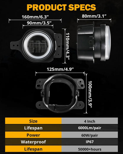 Upgraded 4″ LED antibrouillards avec RGB anneau Halo & clignotant, Bluetooth commande pour Jeep Wrangler JK/JL 2018–2024