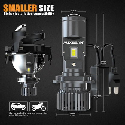 H4/HS1 Ampoules de phare LED Mini Bi-LED lentille projecteur double faisceau route / croisement pour moto automobile camion