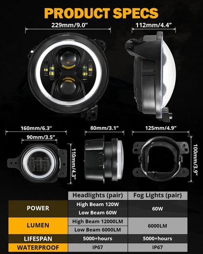 Upgraded RGB 9″ phares + 4″ antibrouillards Combo pour Jeep Wrangler JL avec commande par application – vue 9 – NOVADOMIO
