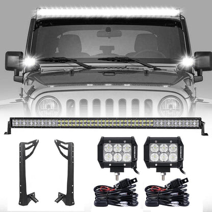 52″ droit Barres LED & 4″ projecteurs LED compacts & conception 2-en-1 pare-brise supports de montage pour Jeep Wrangler JK