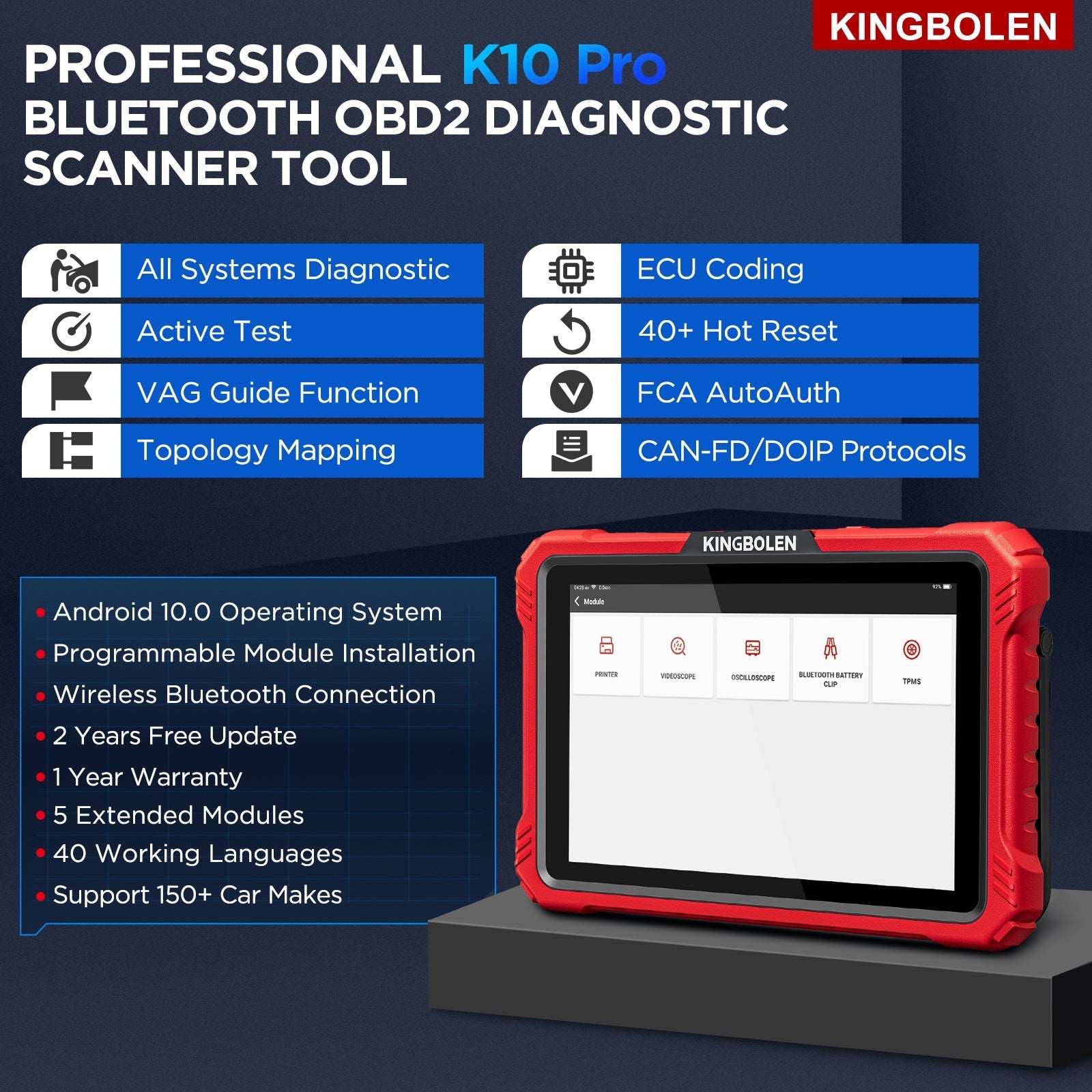 Valise diagnostic Bluetooth KINGBOLEN K10 Pro – CAN FD, DoIP et codage ECU – image produit 4 | NOVADOMIO