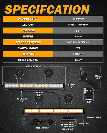 17″ Dual LED Directional Emergency Traffic Advisor Barres lumineuses 20 clignotant motifs avec Suction Cup Mount pour