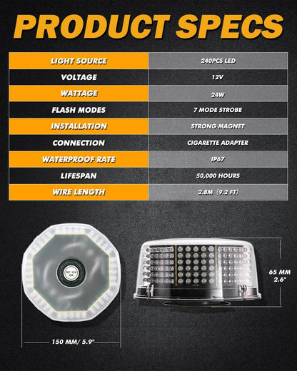 240 LED gyrophare stroboscopique d’urgence avec base magnétique pour 12 V véhicule automobiles camion chasse-neige – vue 6