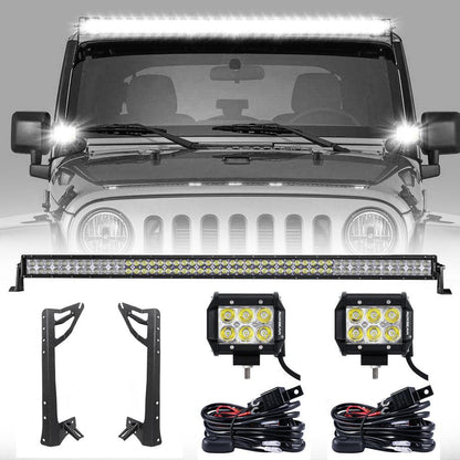 52″ droit Barres LED & 4″ projecteurs LED compacts & conception 2-en-1 pare-brise supports de montage pour Jeep Wrangler JK