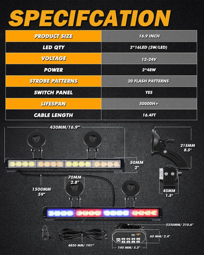 17″ Dual LED Directional Emergency Traffic Advisor Barres lumineuses 20 clignotant motifs avec Suction Cup Mount pour