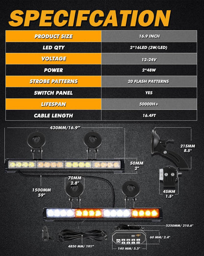 17″ Dual LED Directional Emergency Traffic Advisor Barres lumineuses 20 clignotant motifs avec Suction Cup Mount pour