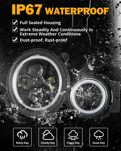 Upgraded RGB 9″ phares + 4″ antibrouillards Combo pour Jeep Wrangler JL avec commande par application – vue 7 – NOVADOMIO