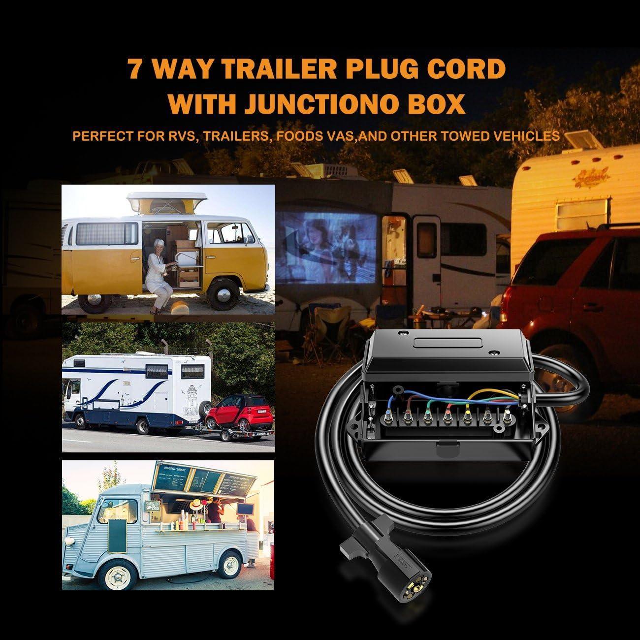 7 Way Trailer Cord, 7 Pin Trailer Plug avec 7 voies Junction Box, 8 Feet Trailer Connector Cable Wiring Harness avec Waterpr…
