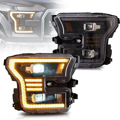 LED bloc optique avant projecteur double faisceau noir pour 2015–2017 Ford F150 (compatible Factory Halogen Version seule)