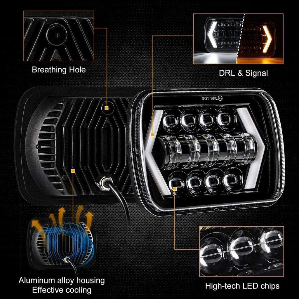 7x6 Inch LED Projector Headlights + H4 LED Headlight Brightness Intensifier Wiring Harness pour Jeep Wrangler YJ XJ MJ – vue…