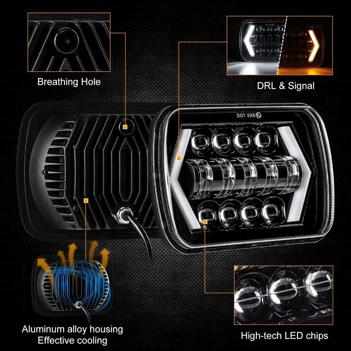 (2pcs/set) 7x6 Inch LED Projector Headlights avec Hi-Lo Beam & Halo Ring DRL pour Jeep Wrangler YJ XJ MJ – vue 3