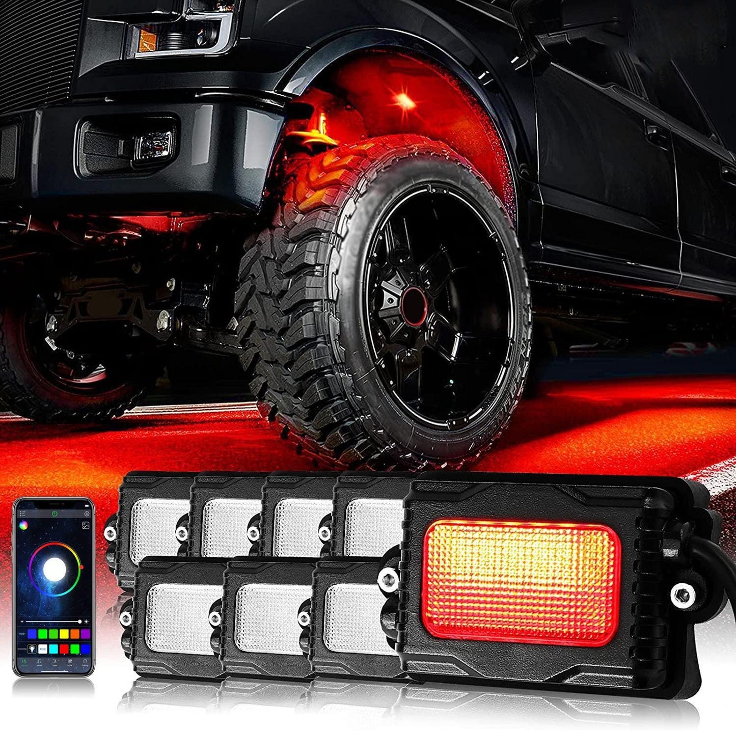 8Pcs RGB LED Rock Light Multicolor Set avec Bluetooth Controller
