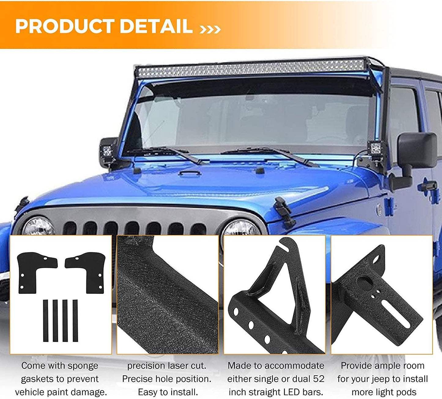 07-17 Jeep JK - Mega Bundle, 7" LED Halo Headlights,52" 300W Straight Barres LED&Windshield Mounting Brackets, 18W Pods ligh…
