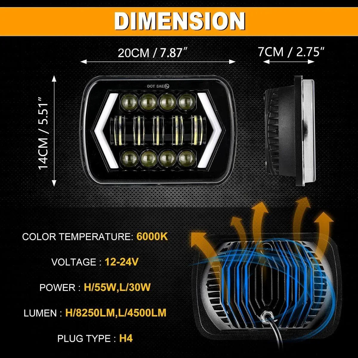 (2pcs/set) 7x6 Inch LED Projector Headlights avec Hi-Lo Beam & Halo Ring DRL pour Jeep Wrangler YJ XJ MJ – vue 5