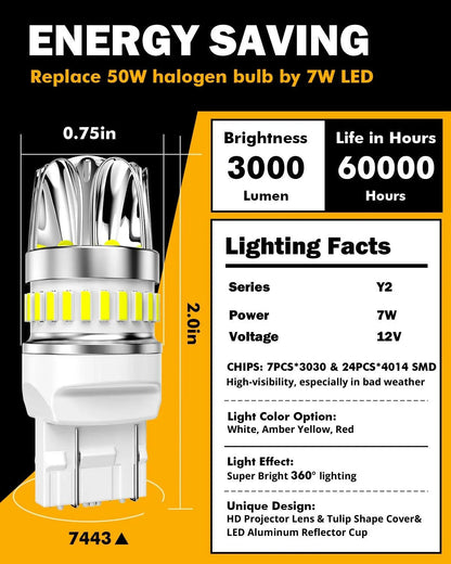 T20 7443 7440 Ampoules LED pour recul, clignotants, stop et feux arrière 14W 6000LM sans erreur CAN-bus 6500K blanc Y2 série