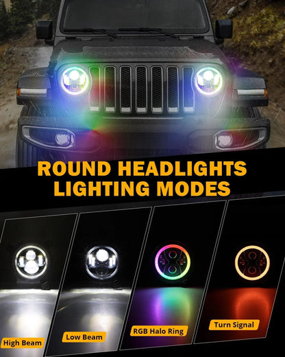 Upgraded RGB 9″ phares + 4″ antibrouillards Combo pour Jeep Wrangler JL avec commande par application – vue 3 – NOVADOMIO