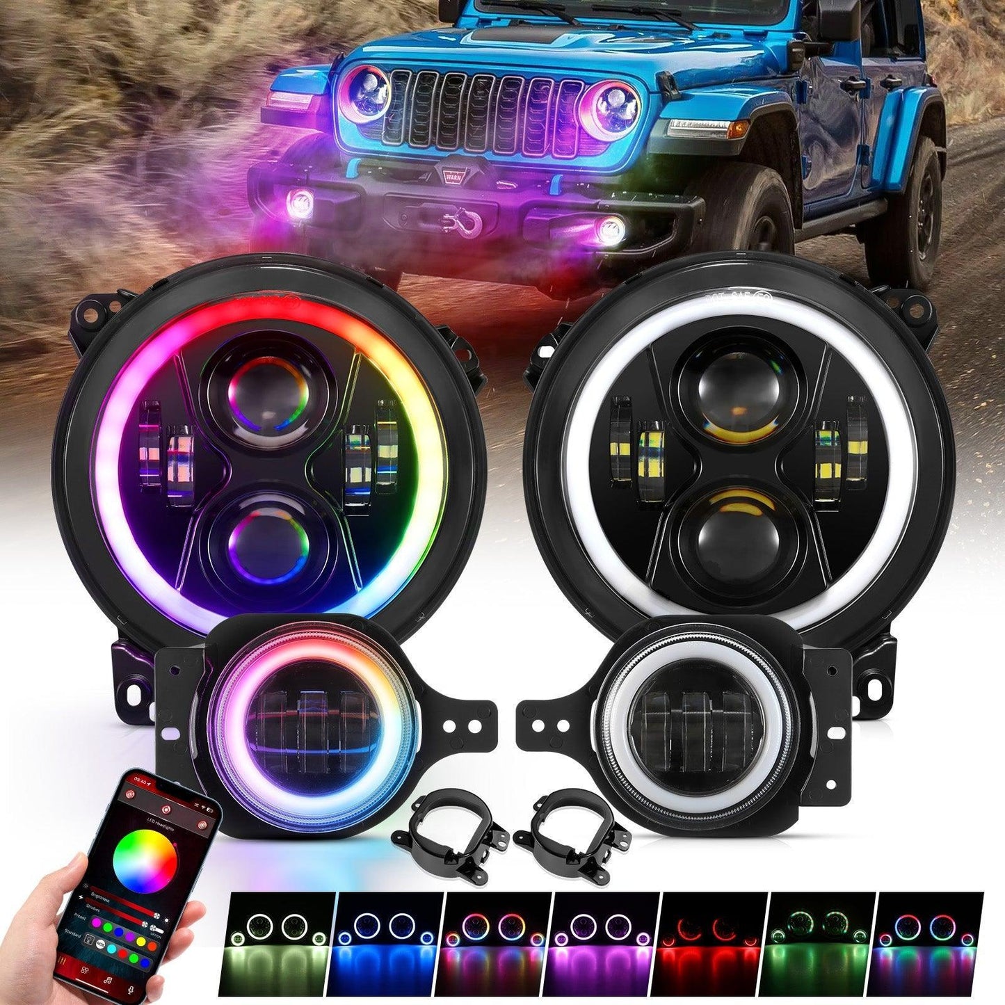 Upgraded RGB 9 Inch Headlights + 4 Inch Fog Lights Combo pour Jeep Wrangler JL avec APP Control