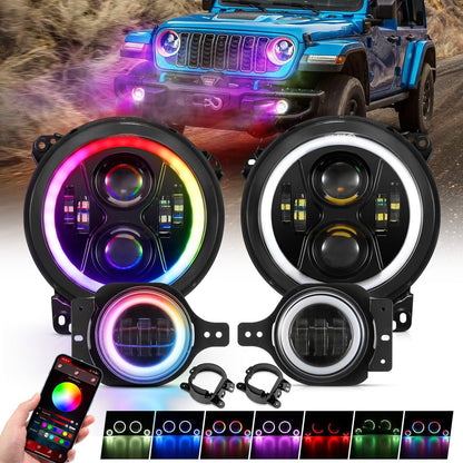 Upgraded RGB 9″ phares + 4″ antibrouillards Combo pour Jeep Wrangler JL avec commande par application – NOVADOMIO
