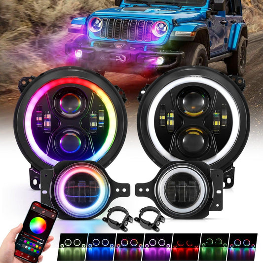 Upgraded RGB 9 Inch Headlights + 4 Inch Fog Lights Combo pour Jeep Wrangler JL avec APP Control