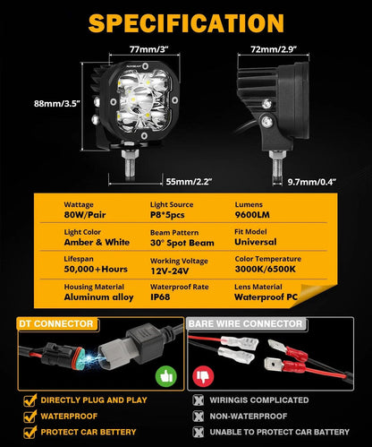 XP-ULTRA série 3″ 80 W faisceau longue portée projecteurs LED compacts orange&blanc tout-terrain feux – vue 5 – NOVADOMIO