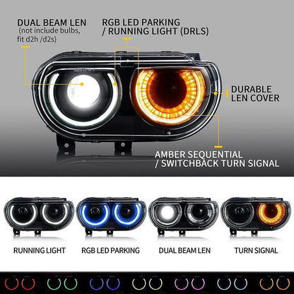 LED bloc optique avant RGB Style projecteur double faisceau noir pour 2008–2014 Dodge Challenger 3th Gen Pre-Facelift – vue 9