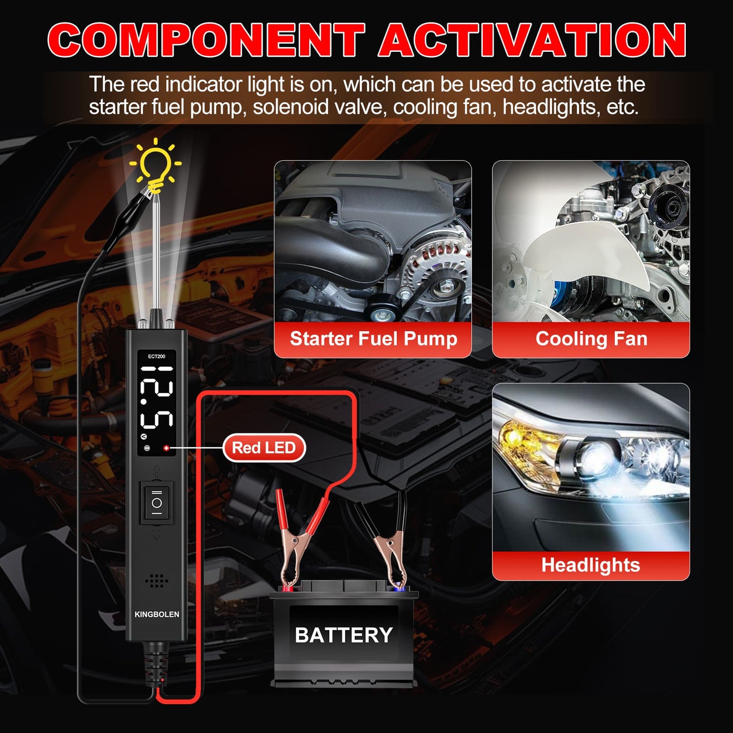 Testeur de circuit automobile KINGBOLEN ECT200 12/24 V – Écran LED – image produit 5 | NOVADOMIO