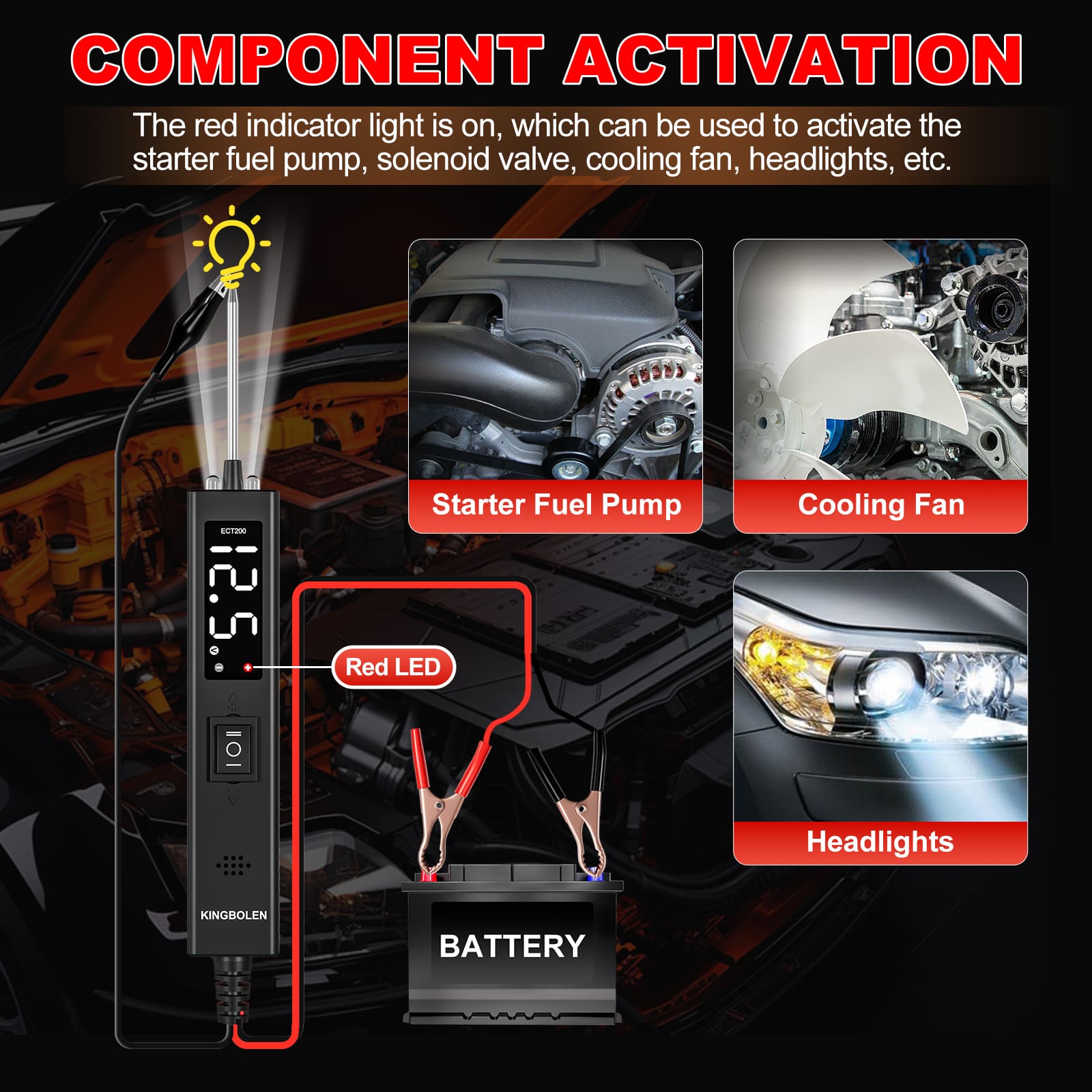 Testeur de circuit automobile KINGBOLEN ECT200 12/24 V – Écran LED – image produit 5 | NOVADOMIO