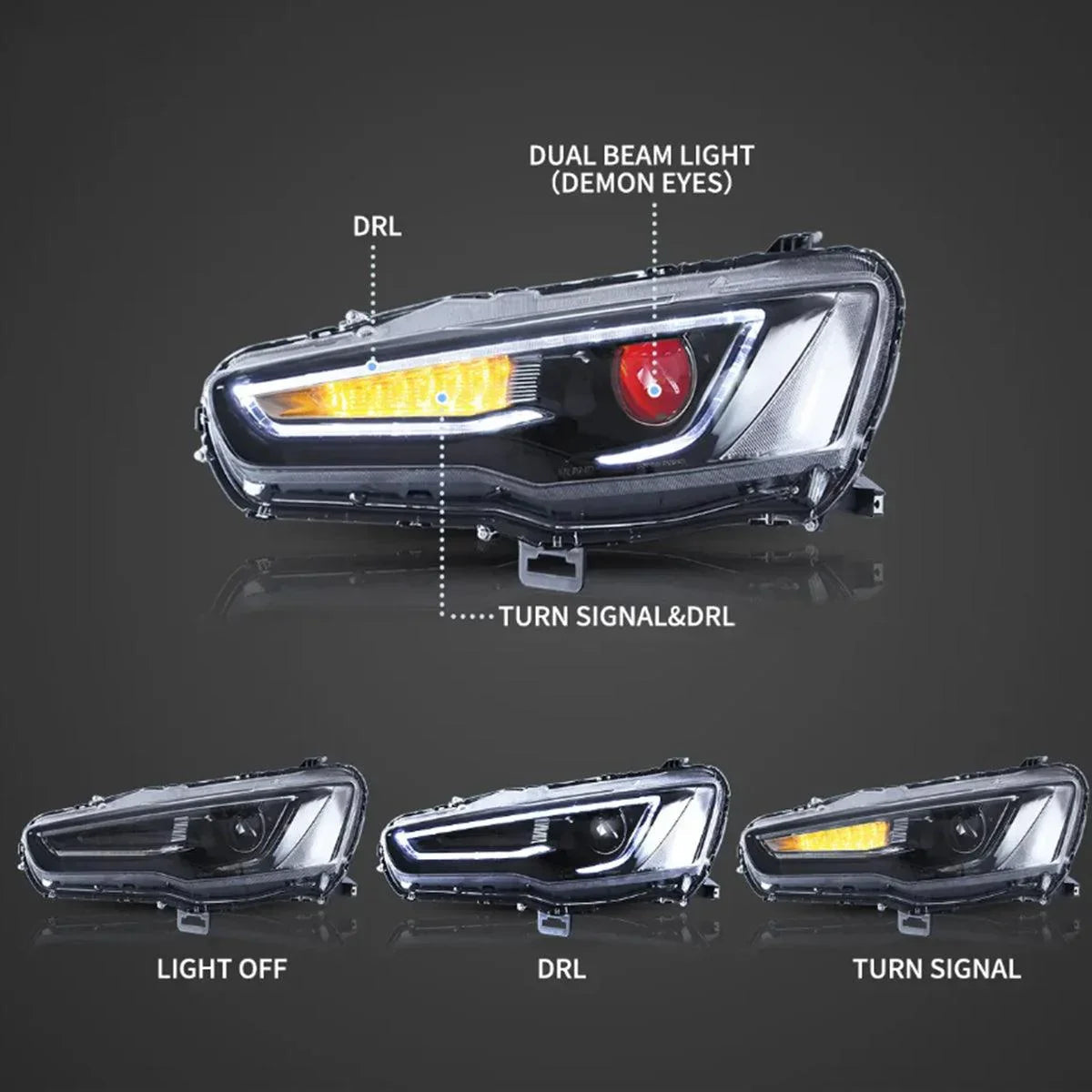 LED bloc optique avant Dual Beam Projector avec Demon Eyes noir pour 2008-2017 Mistubishi Lancer 9th Gen Evo X GSR 10th Gen(…