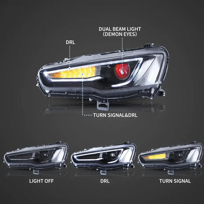 LED bloc optique avant projecteur double faisceau avec Demon Eyes noir pour 2008-2017 Mistubishi Lancer 9th Gen Evo X GSR