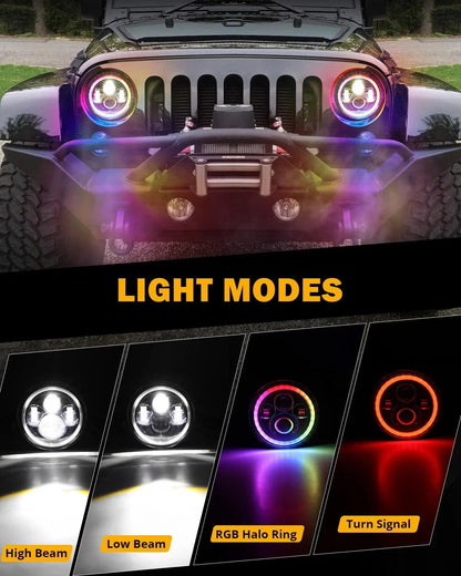 Upgraded 7″ rond LED phare avec RGB anneau Halo pour Jeep Wrangler JK TJ LJ – vue 2 – NOVADOMIO
