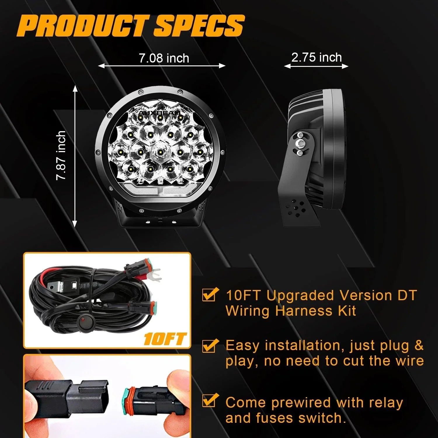 (2pcs/set) 7 Inch 178W Round tout-terrain faisceau longue portée LED Driving Lights – vue 7