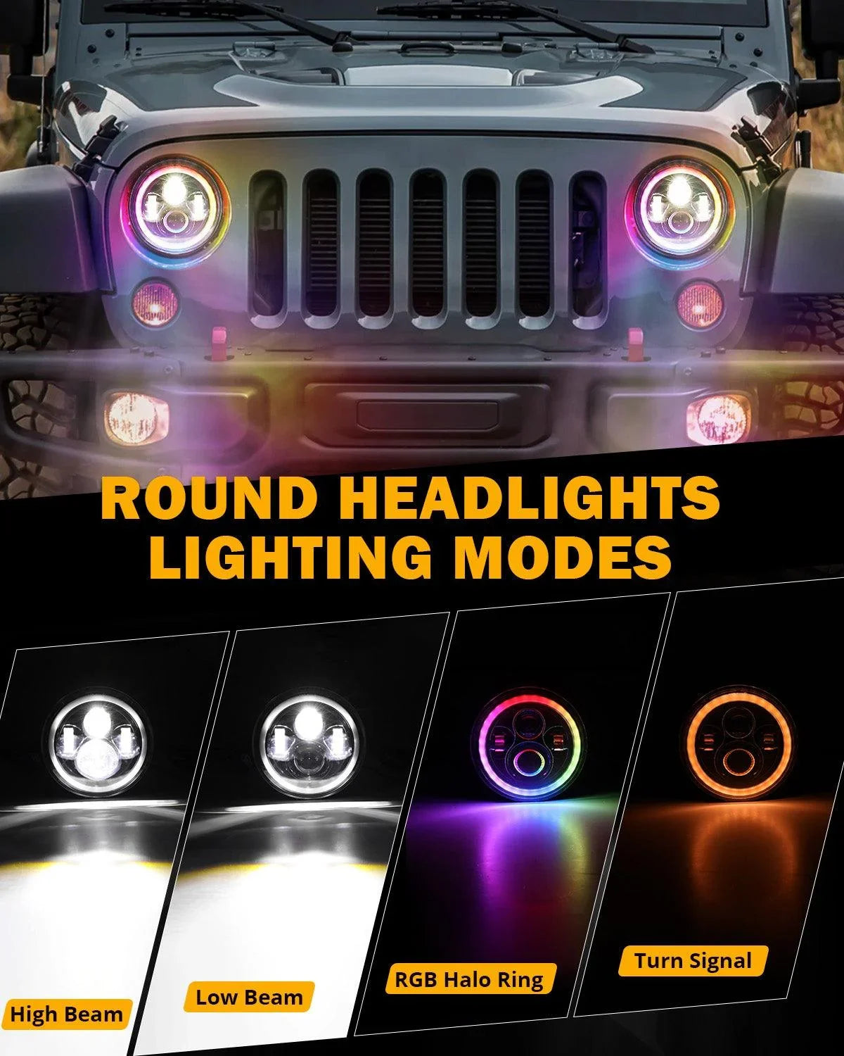 Upgraded RGB 7 Inch Headlights + 4 Inch Fog Lights Combo pour Jeep Wrangler JK avec APP Control – vue 2