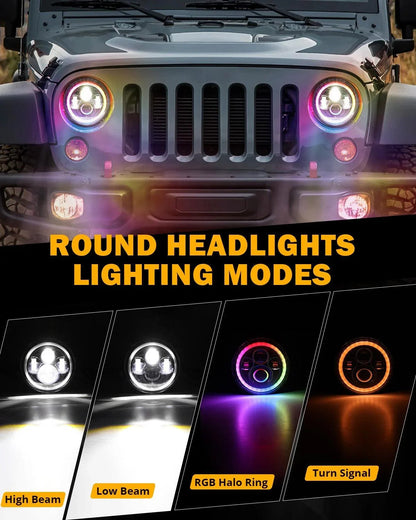 Upgraded RGB 7″ phares + 4″ antibrouillards Combo pour Jeep Wrangler JK avec commande par application – vue 2 – NOVADOMIO