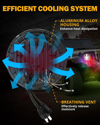 Upgraded 7″ rond LED phare avec RGB anneau Halo pour Jeep Wrangler JK TJ LJ – vue 7 – NOVADOMIO
