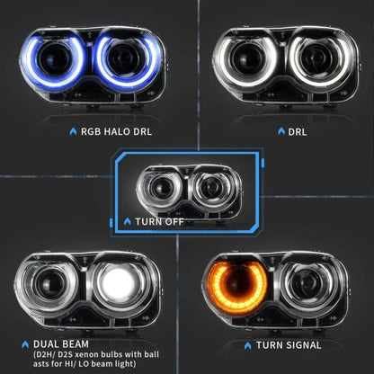 LED bloc optique avant RGB projecteur double faisceau noir pour 2015–2024 Dodge Challenger 3th Gen Facelifted – vue 4