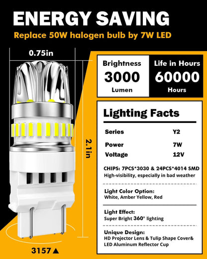 T25 3157 3156 Ampoules LED pour recul, clignotants, stop et feux arrière 14W 6000LM sans erreur CAN-bus 6500K blanc Y2 série