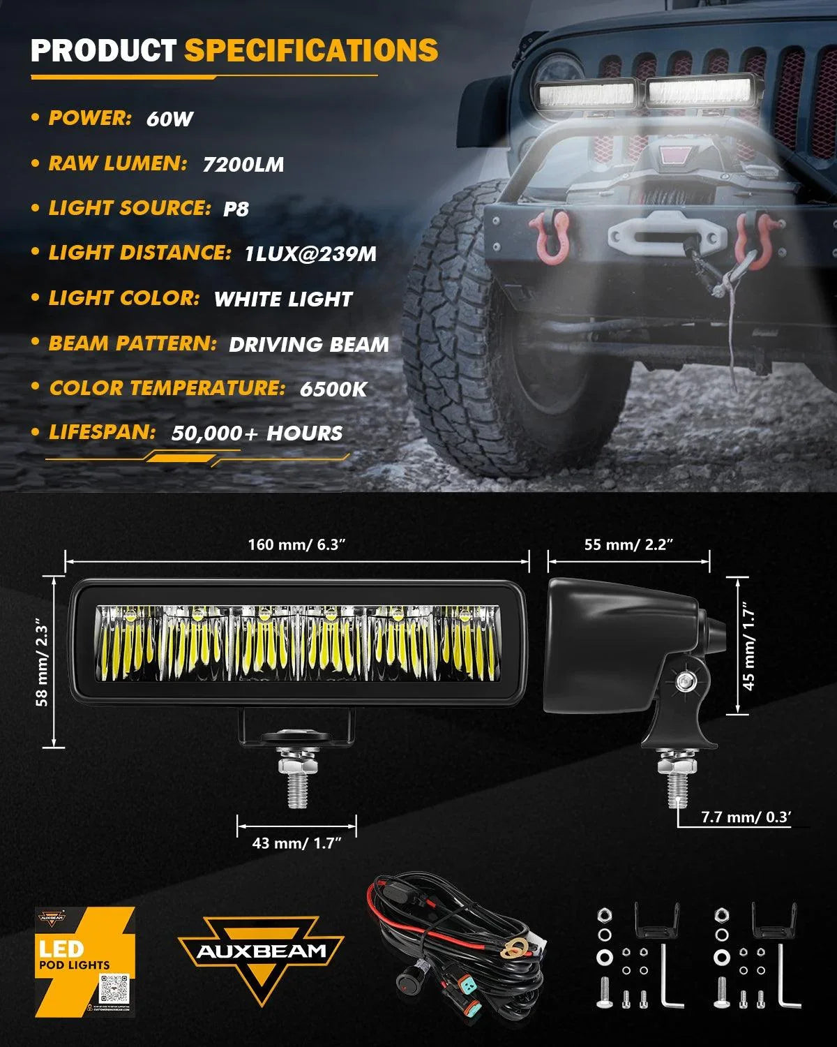 6.3 Inch 60W 7200LM Barres LED Off Road Driving Light – vue 7