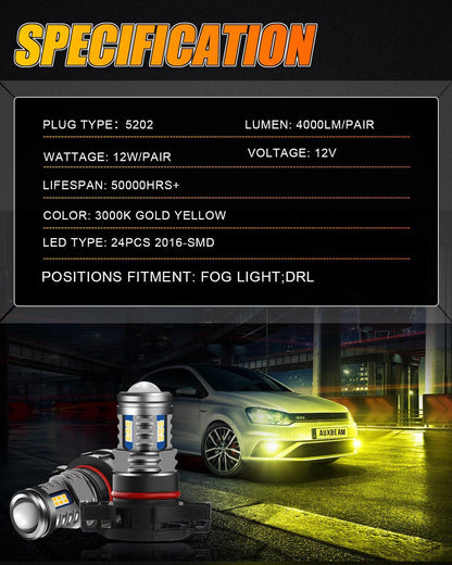 Lot de 2 5202/5201/PS24W/H16EU Y2 série 3-Sides jaune doré LED antibrouillard/DRL – vue 3 – NOVADOMIO