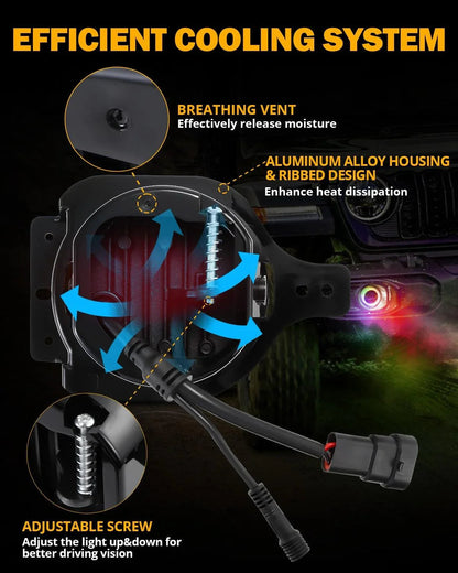 Upgraded 4″ LED antibrouillards avec RGB anneau Halo & clignotant, Bluetooth commande pour Jeep Wrangler JK/JL 2018–2024